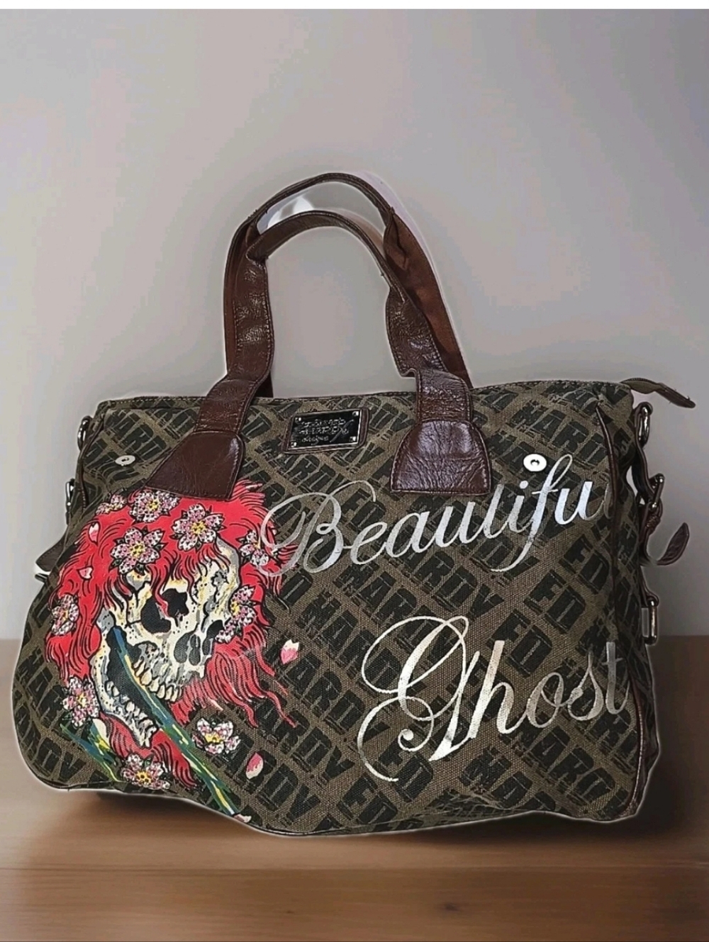 Ed Hardy Beautiful Ghost With Rhinestone Detail Graphic Handbag